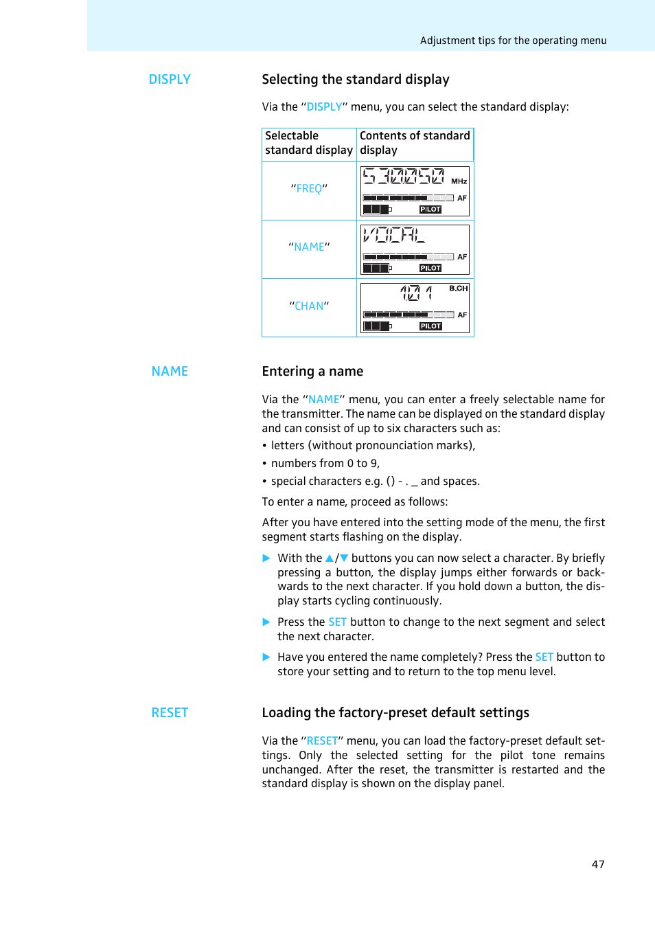 Selecting the standard display, Entering a name, Loading the factory-preset default settings | Sennheiser LV308 User Manual | Page 47 / 60