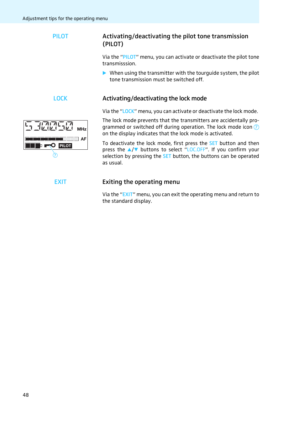 Activating/deactivating the lock mode, Exiting the operating menu | Sennheiser LV308 User Manual | Page 48 / 60