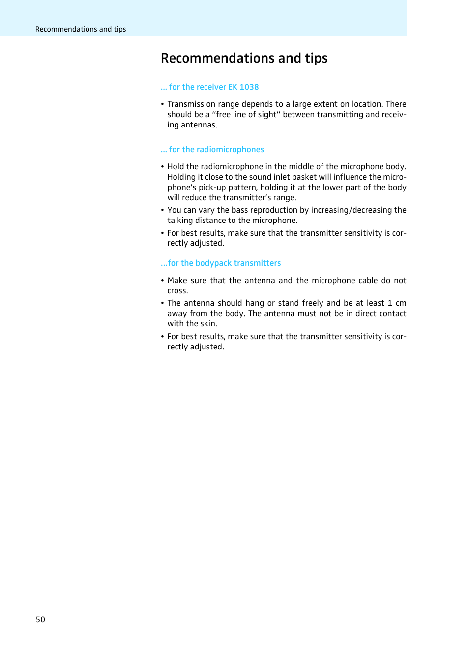 Recommendations and tips, For the receiver ek 1038, For the radiomicrophones | For the bodypack transmitters | Sennheiser LV308 User Manual | Page 50 / 60