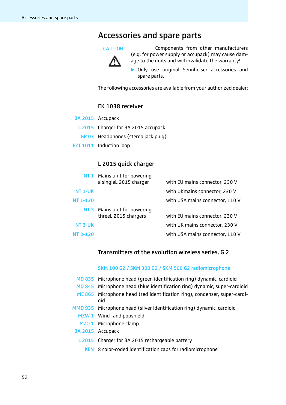 Accessories and spare parts, Ek 1038 receiver, L 2015 quick charger | Transmitters of the evolution wireless series, g 2 | Sennheiser LV308 User Manual | Page 52 / 60