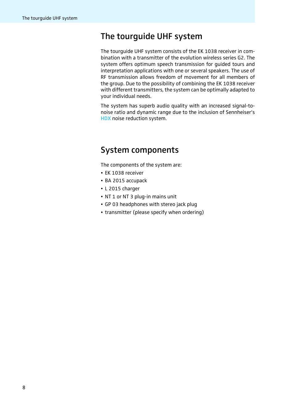 The tourguide uhf system, System components | Sennheiser LV308 User Manual | Page 8 / 60