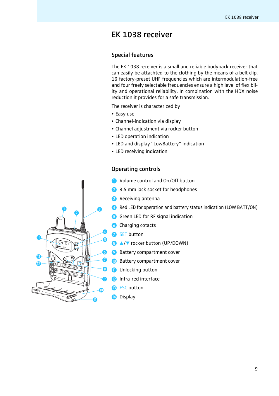 Ek 1038 receiver, Special features, Operating controls | Sennheiser LV308 User Manual | Page 9 / 60