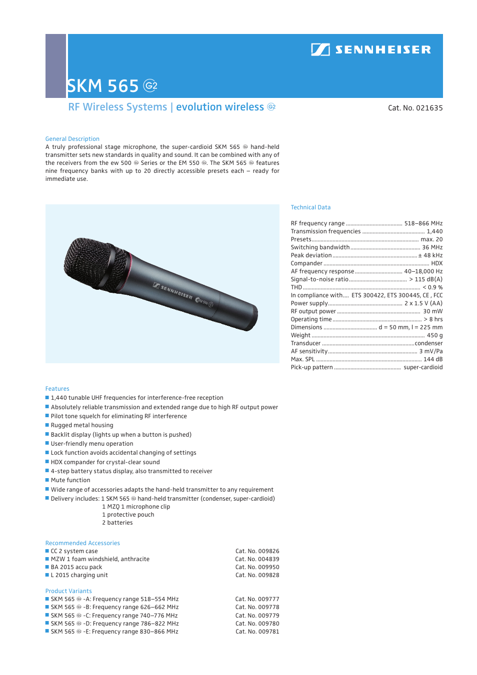 Sennheiser RF WIRELESS SYSTEMS | EVOLUTION WIRELESS SKM 565G User Manual | 1 page