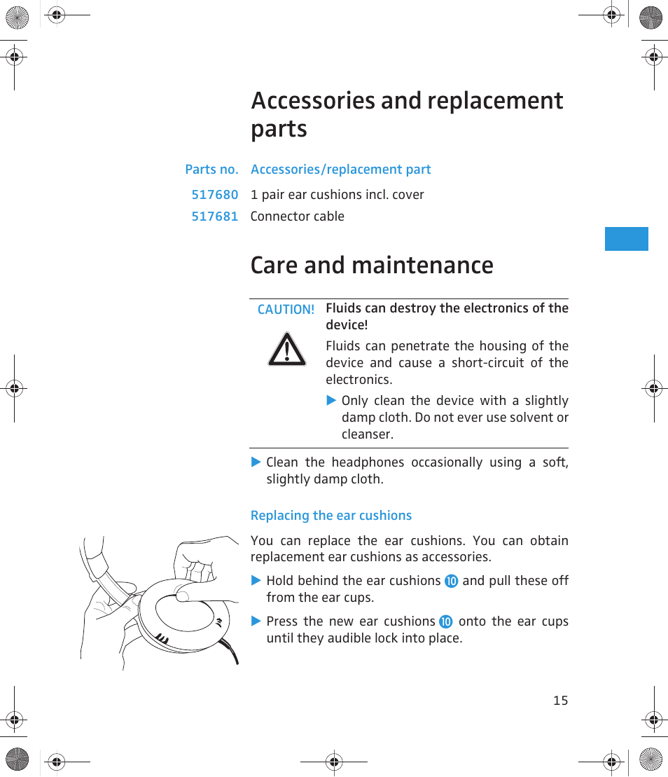 Accessories and replacement parts, Care and maintenance | Sennheiser 500643 User Manual | Page 16 / 20