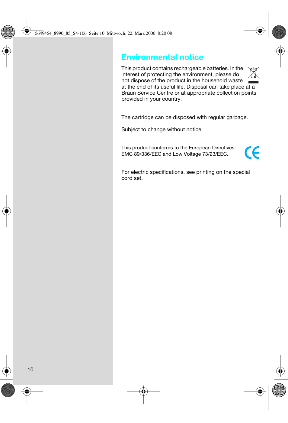 Environmental notice | Braun 8990 User Manual | Page 10 / 99