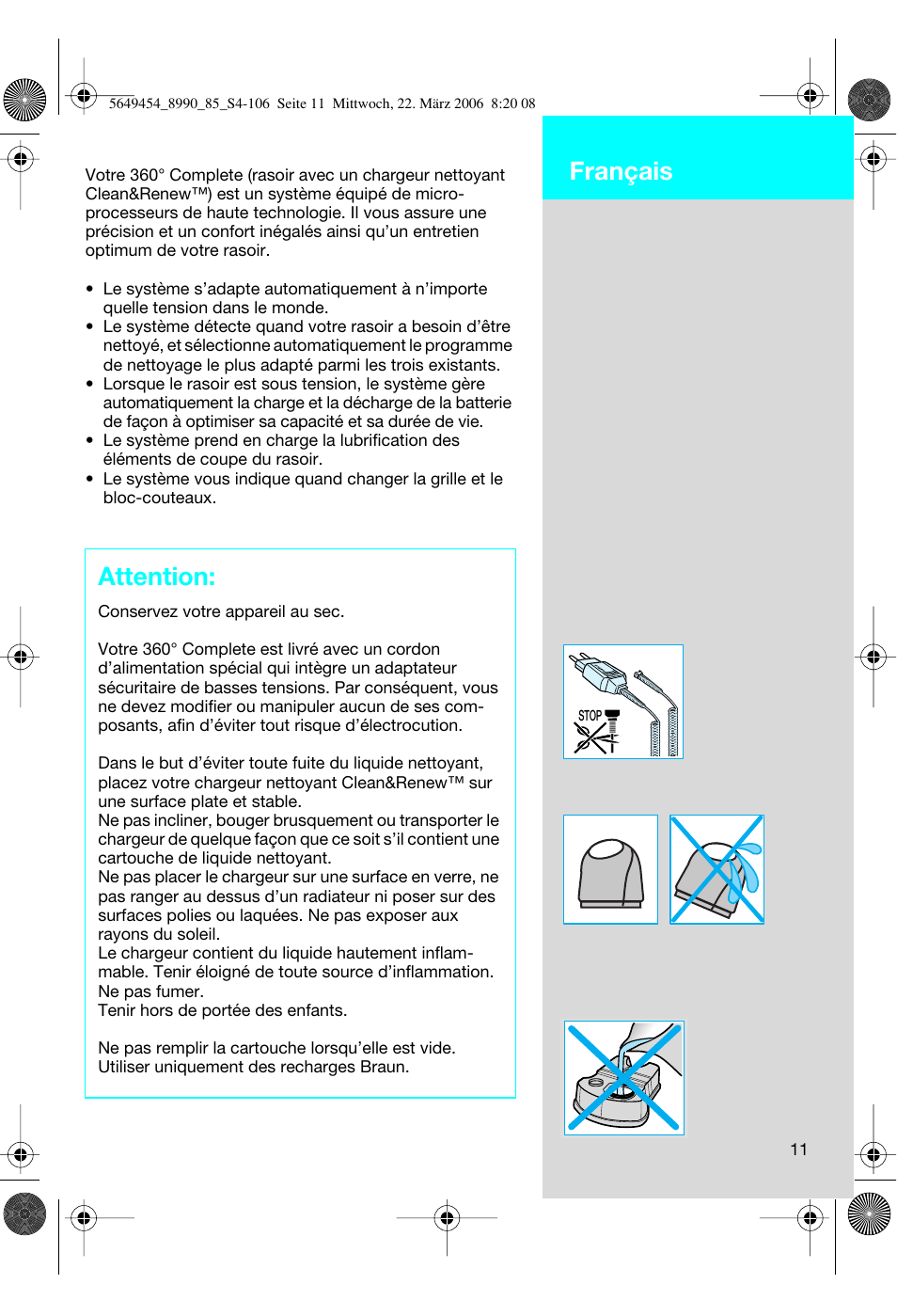 Attention, Français | Braun 8990 User Manual | Page 11 / 99