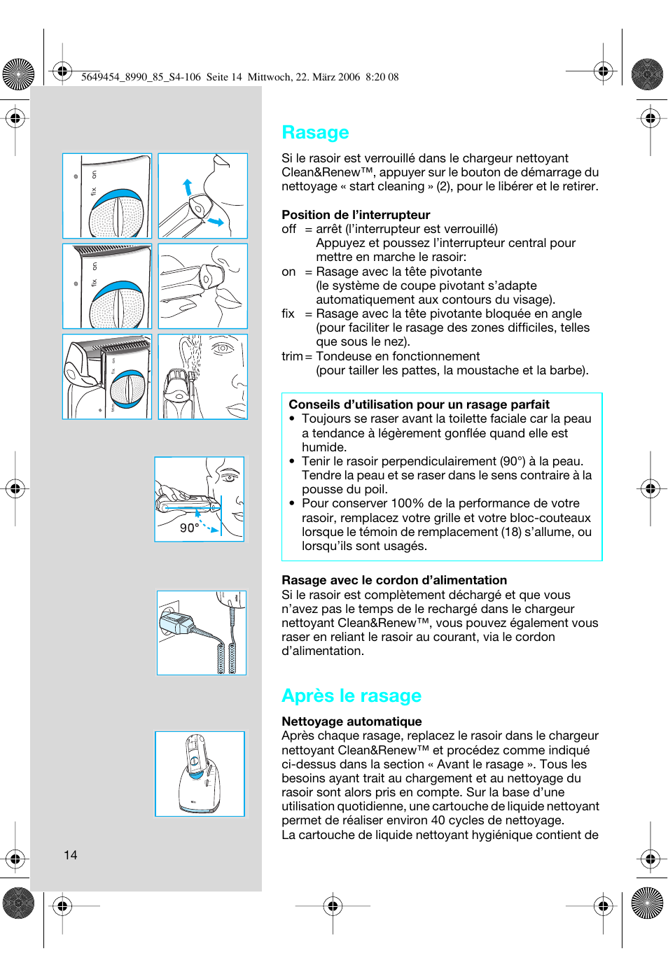 Rasage, Après le rasage | Braun 8990 User Manual | Page 14 / 99