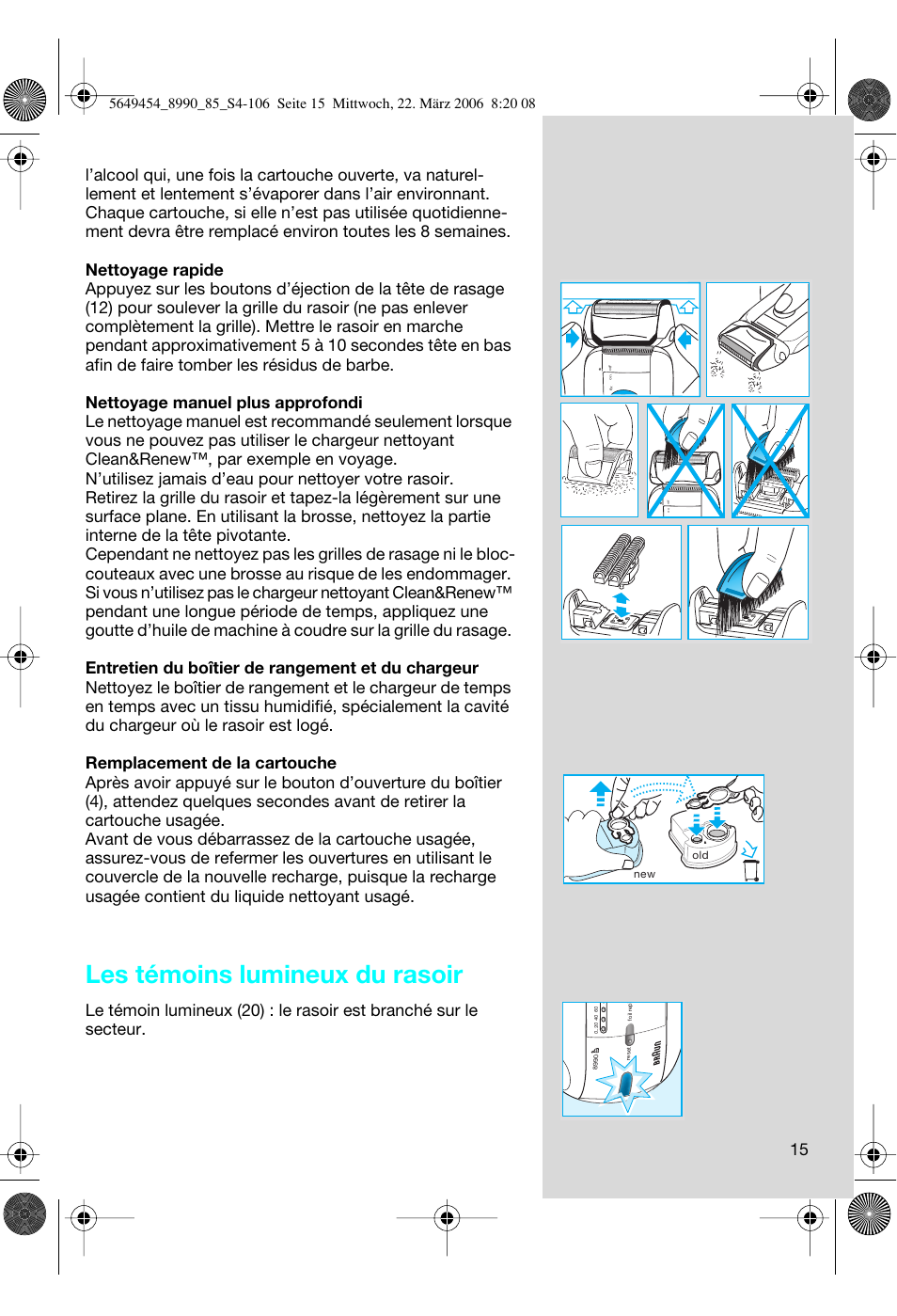 Les témoins lumineux du rasoir | Braun 8990 User Manual | Page 15 / 99