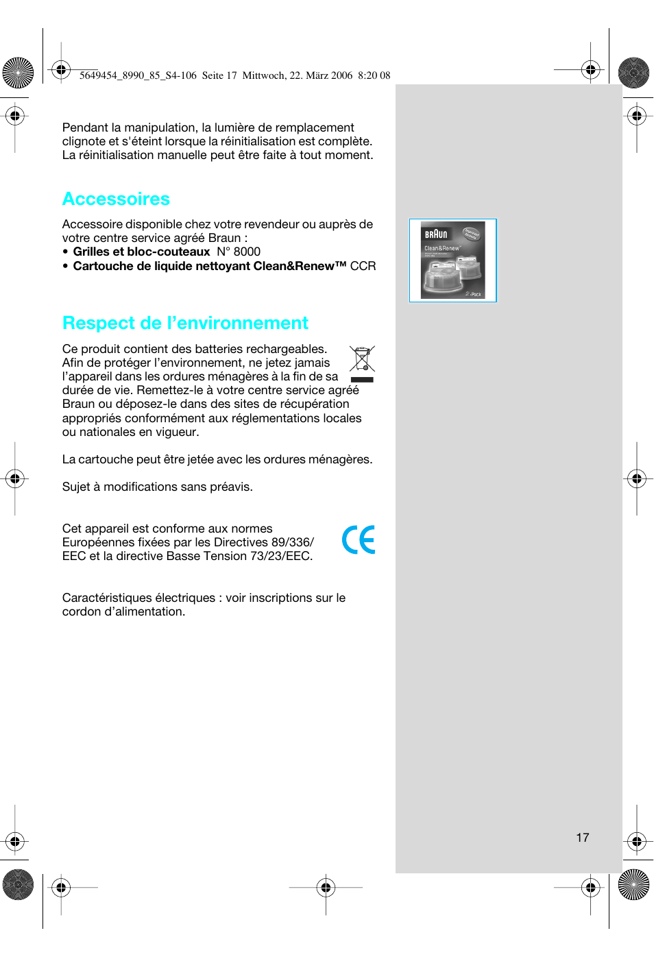 Accessoires, Respect de l’environnement | Braun 8990 User Manual | Page 17 / 99