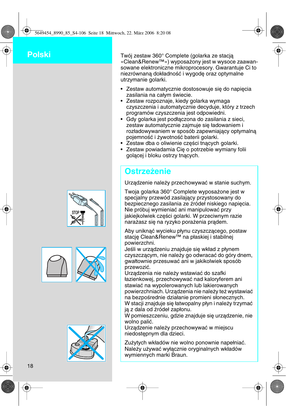 Ostrze˝enie, Polski | Braun 8990 User Manual | Page 18 / 99