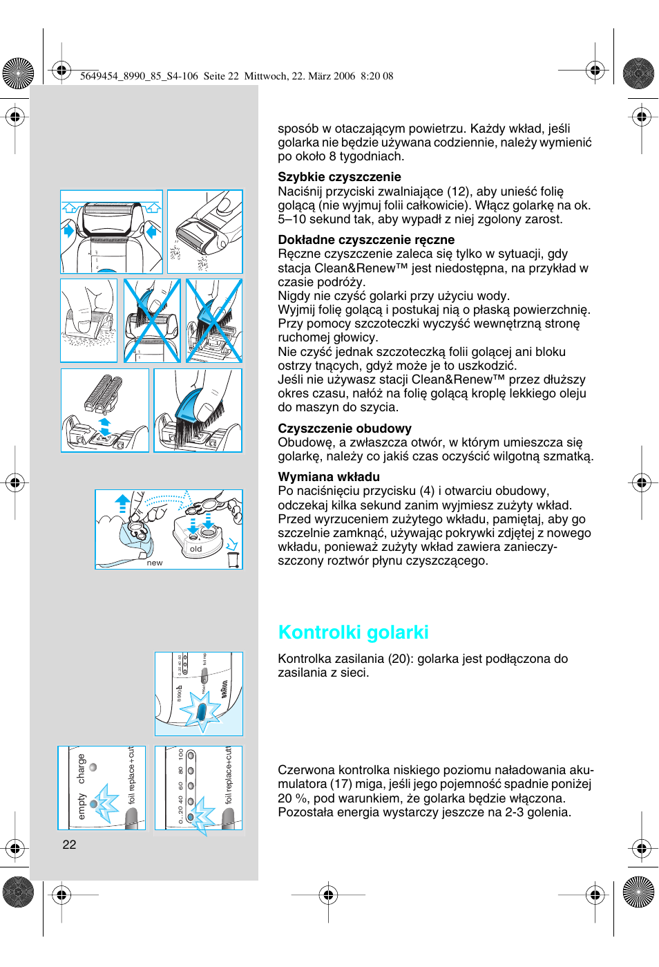 Kontrolki golarki, Empty charge | Braun 8990 User Manual | Page 22 / 99