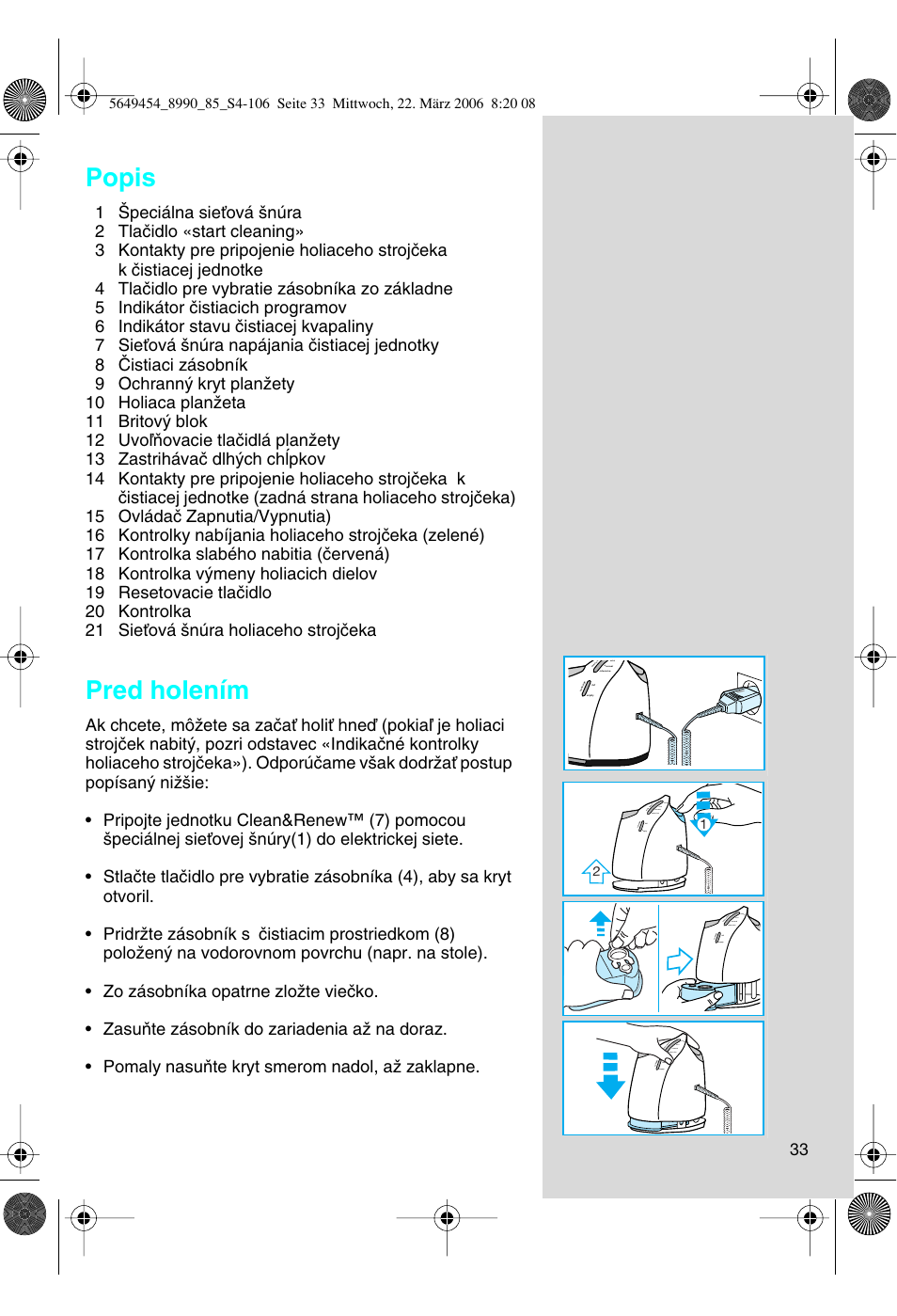 Popis, Pred holením | Braun 8990 User Manual | Page 33 / 99
