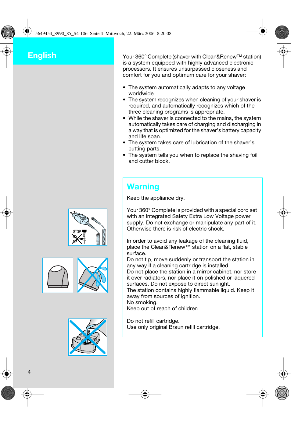 Warning, English | Braun 8990 User Manual | Page 4 / 99