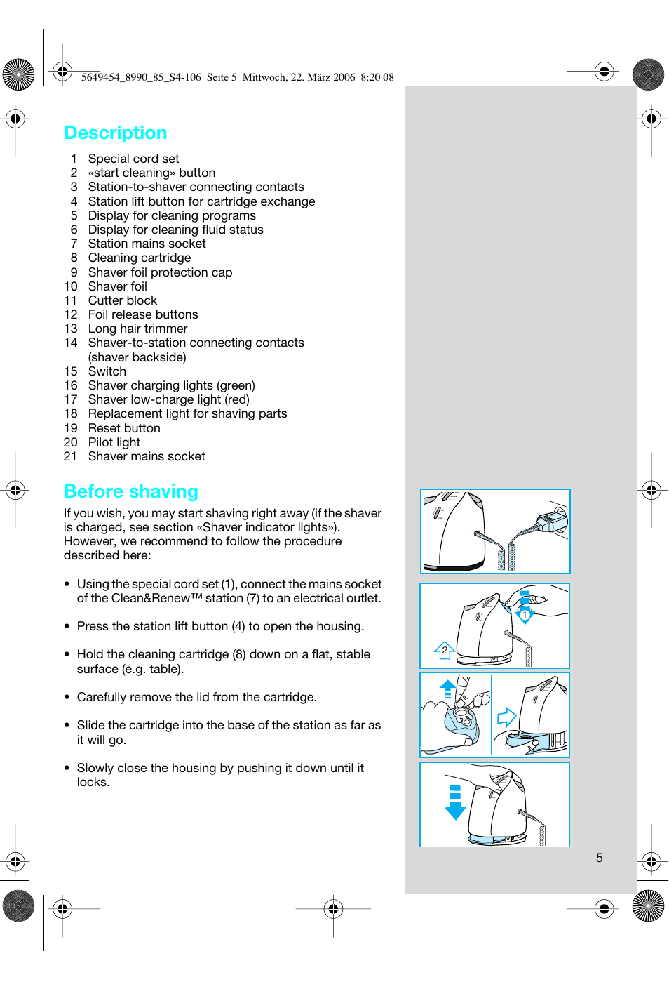 Description, Before shaving | Braun 8990 User Manual | Page 5 / 99