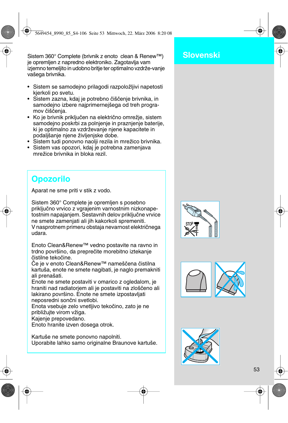 Opozorilo, Slovenski | Braun 8990 User Manual | Page 53 / 99