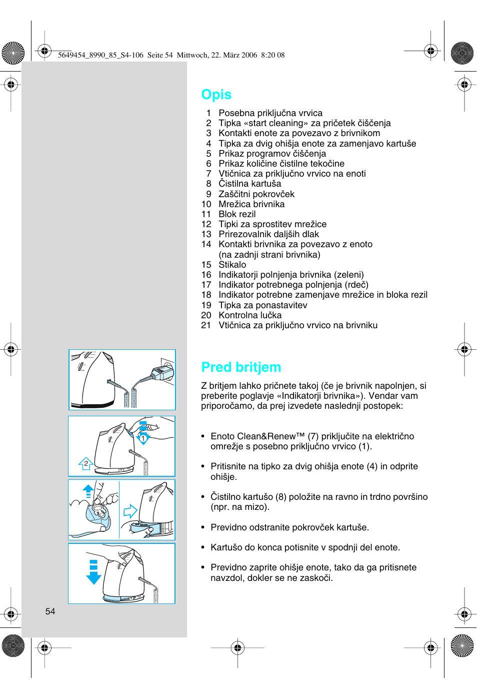 Opis, Pred britjem | Braun 8990 User Manual | Page 54 / 99