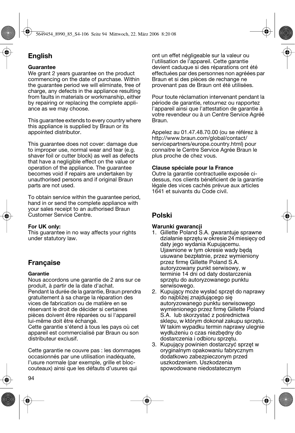 English, Française, Polski | Braun 8990 User Manual | Page 94 / 99