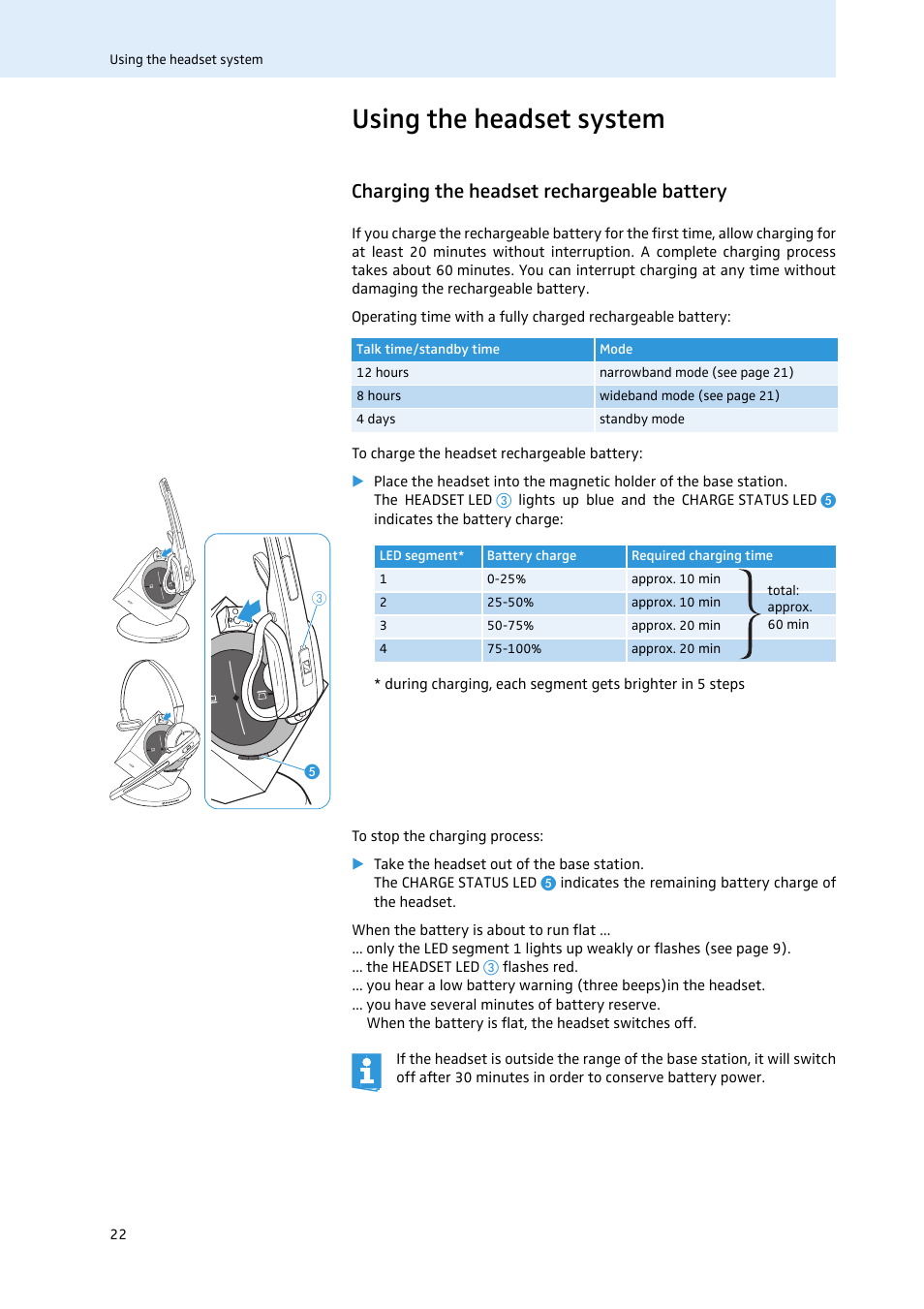 Using the headset system, Charging the headset rechargeable battery | Sennheiser 504302 User Manual | Page 23 / 44