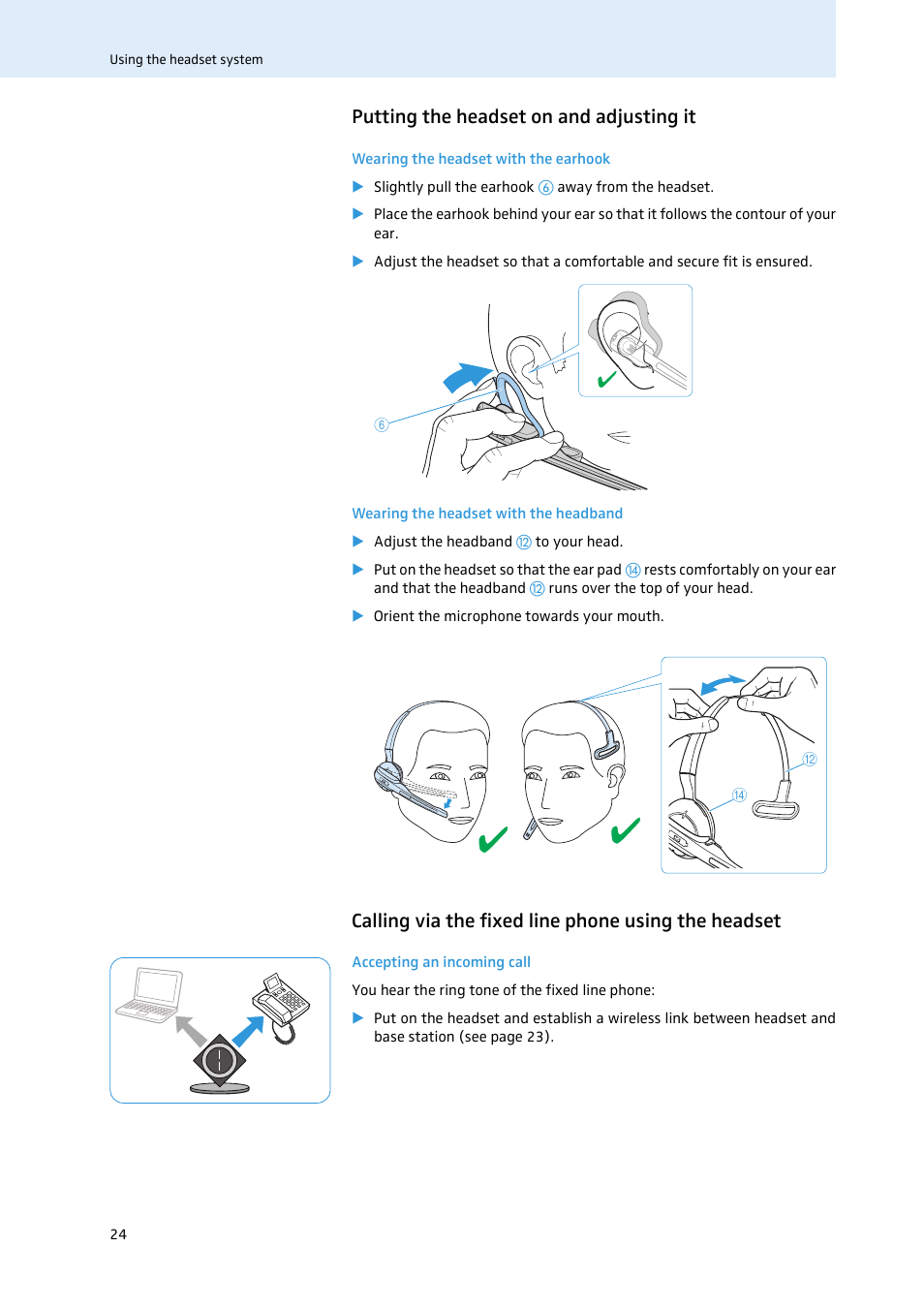 Putting the headset on and adjusting it, Calling via the fixed line phone using the headset | Sennheiser 504302 User Manual | Page 25 / 44