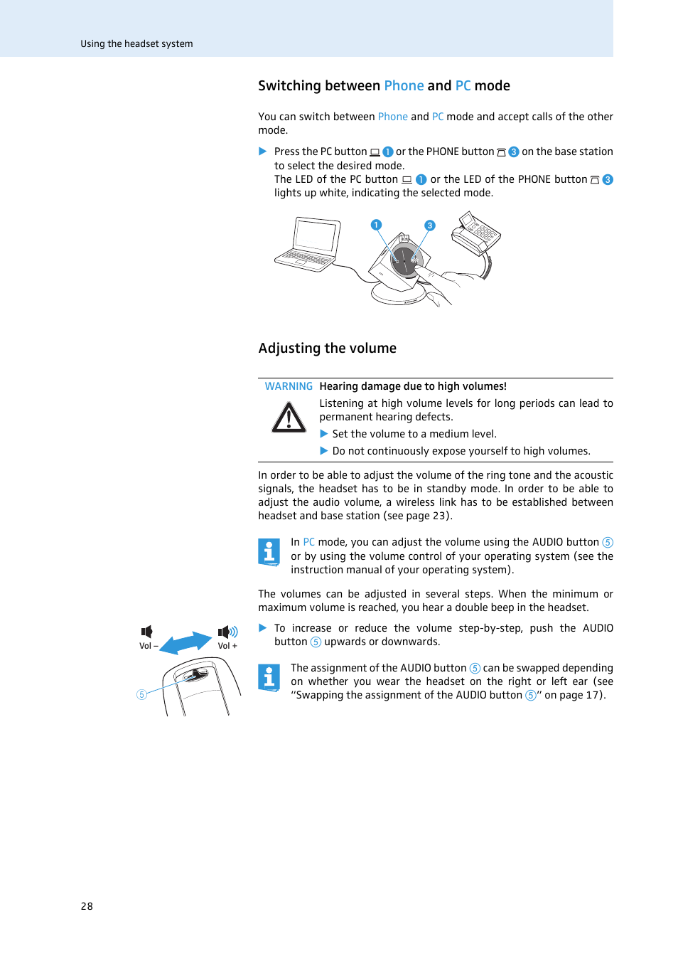 Switching between phone and pc mode, Adjusting the volume, Switching between | Phone | Sennheiser 504302 User Manual | Page 29 / 44