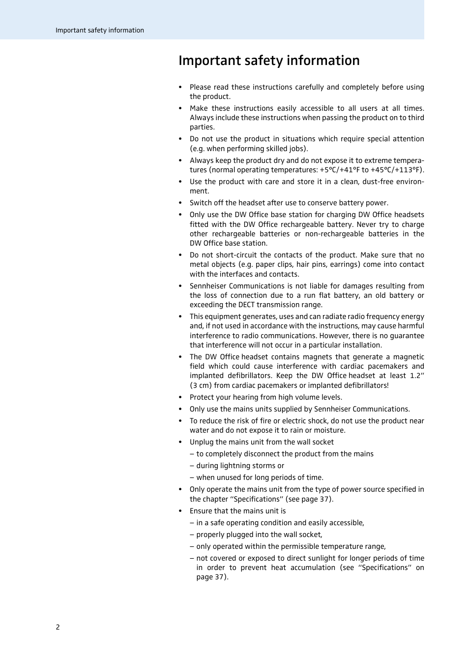 Important safety information | Sennheiser 504302 User Manual | Page 3 / 44
