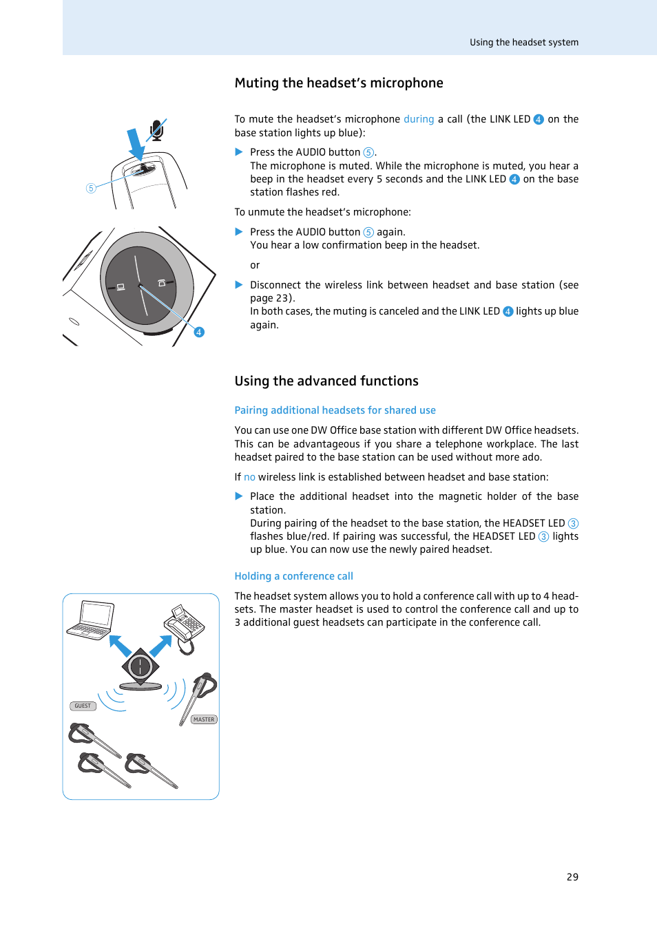 Muting the headset’s microphone, Using the advanced functions | Sennheiser 504302 User Manual | Page 30 / 44