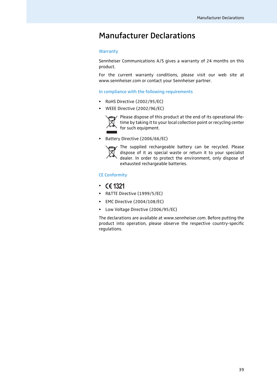 Manufacturer declarations | Sennheiser 504302 User Manual | Page 40 / 44