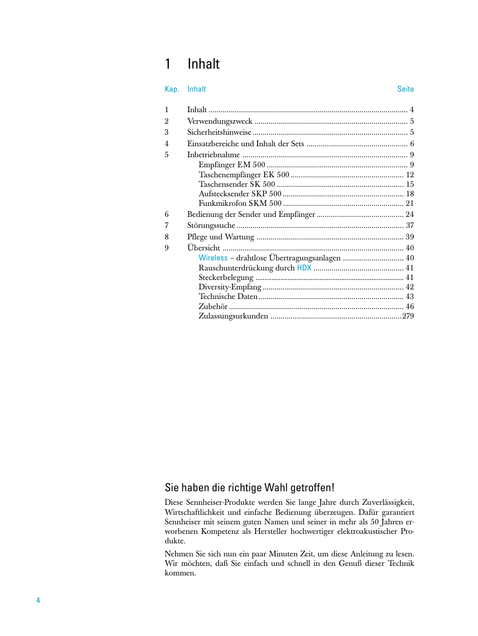 1 inhalt, 1inhalt, Sie haben die richtige wahl getroffen | Sennheiser evolution wireless serie ew500 User Manual | Page 2 / 204