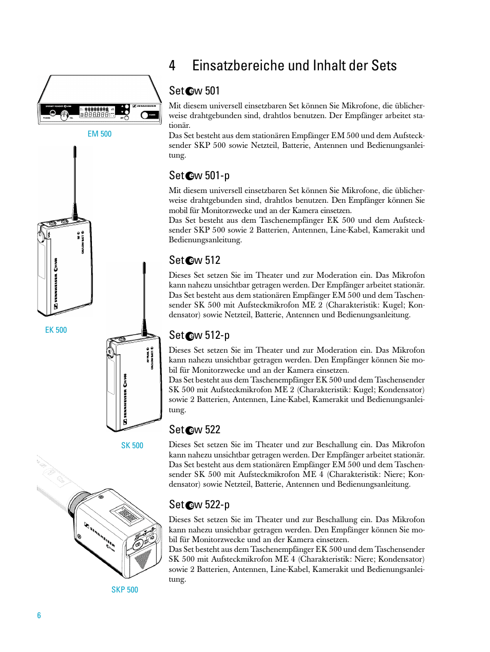 4 einsatzbereiche und inhalt der sets, 4einsatzbereiche und inhalt der sets | Sennheiser evolution wireless serie ew500 User Manual | Page 4 / 204