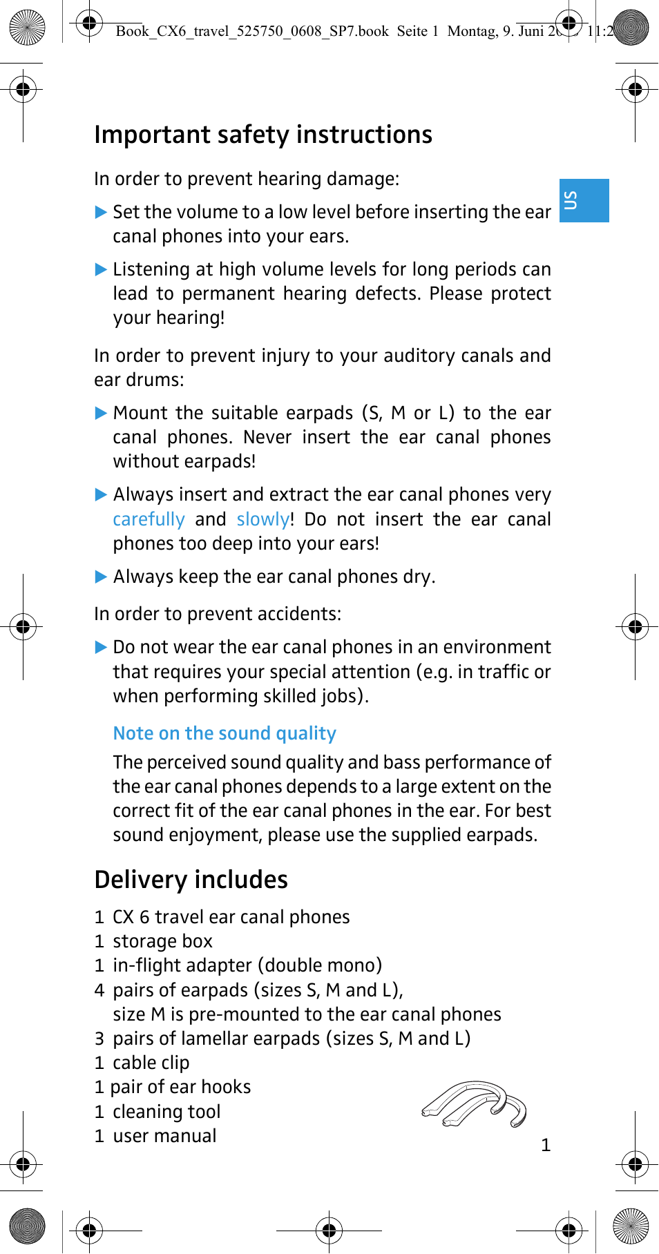Important safety instructions, Delivery includes | Sennheiser CX 6 Travel User Manual | Page 2 / 8