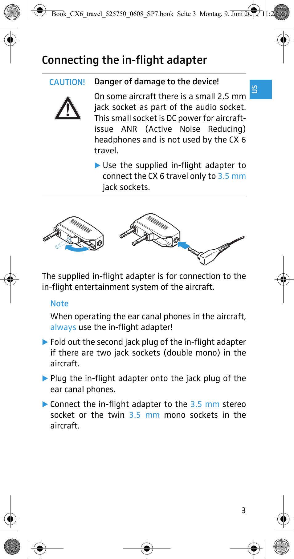 Connecting the in-flight adapter | Sennheiser CX 6 Travel User Manual | Page 4 / 8