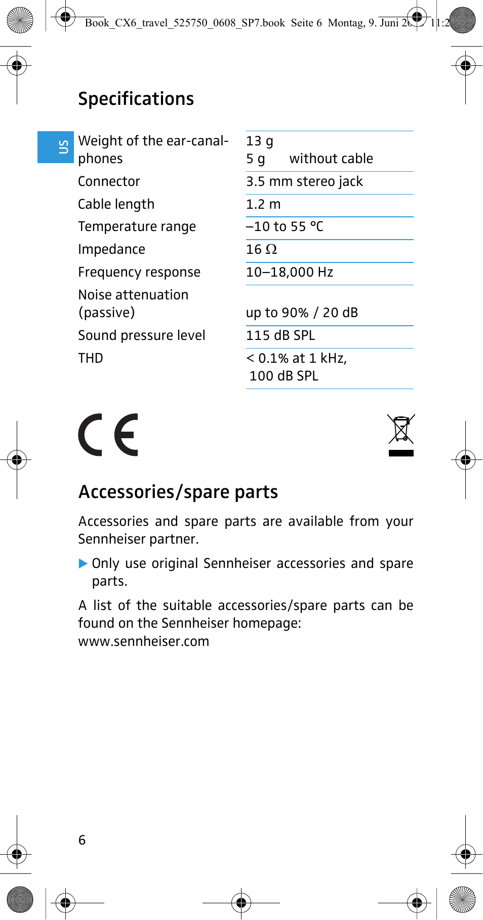 Specifications accessories/spare parts | Sennheiser CX 6 Travel User Manual | Page 7 / 8