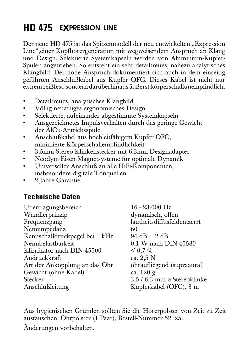 Gebrauchsanleitung, Hd 475, Technische daten | Sennheiser Expression Line HD 475 User Manual | Page 2 / 8