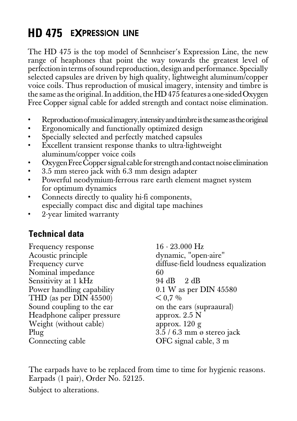 Instructions for use, Hd 475, Technical data | Sennheiser Expression Line HD 475 User Manual | Page 3 / 8