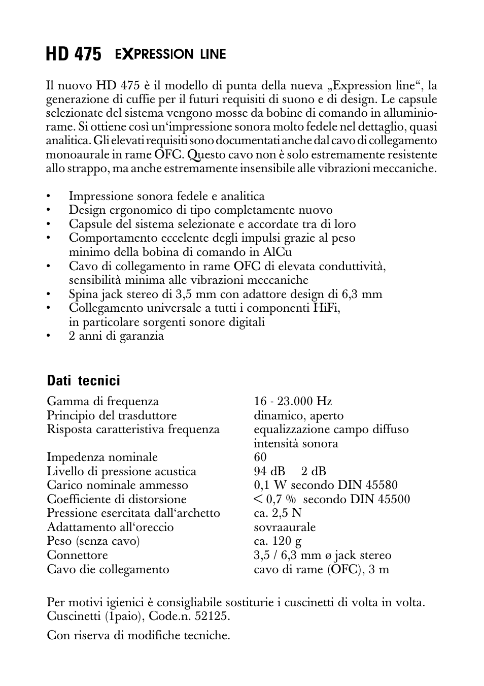 Istruzioni per l'uso, Hd 475, Dati tecnici | Sennheiser Expression Line HD 475 User Manual | Page 5 / 8