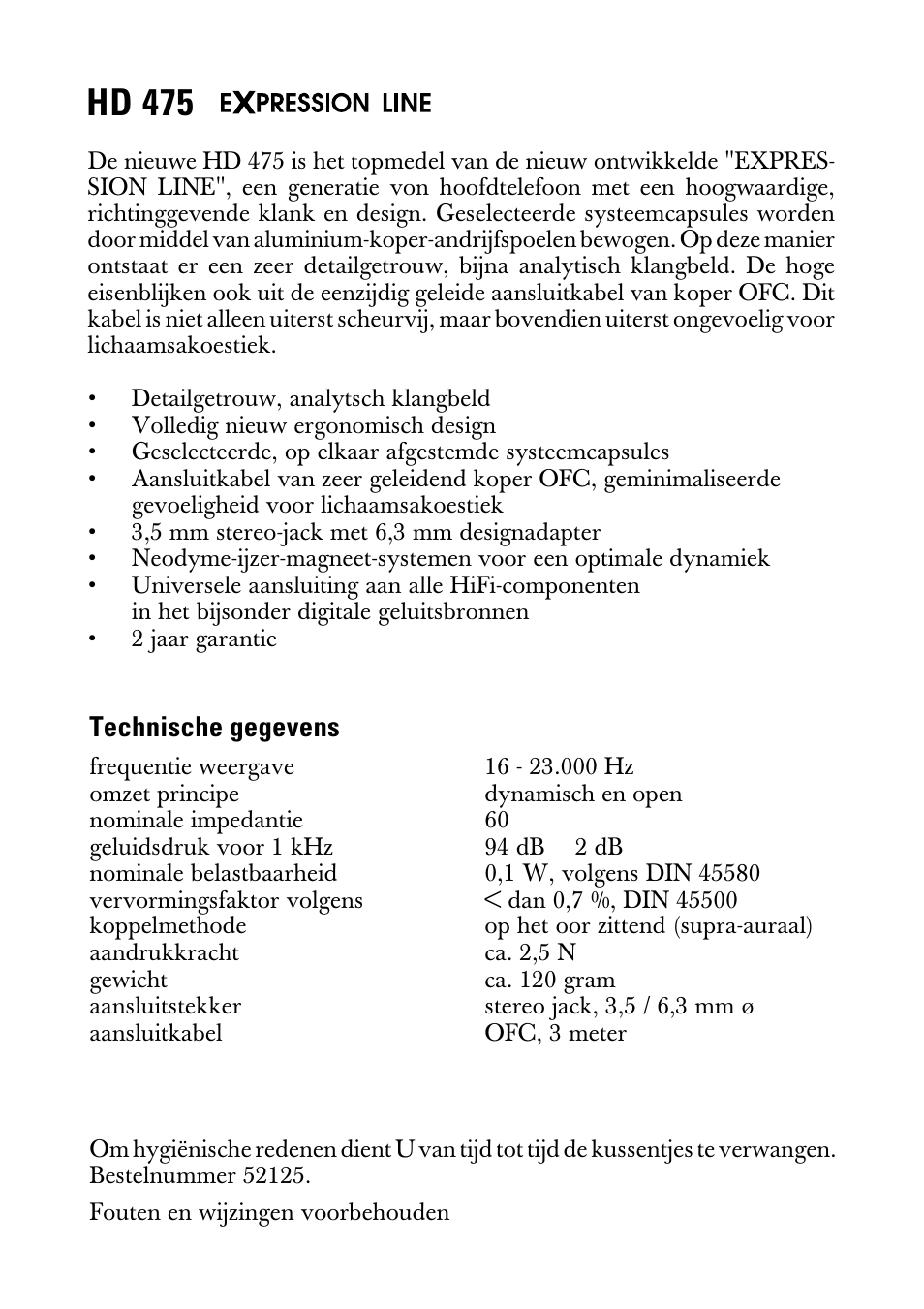 Gebruiksaanwijzing, Hd 475, Technische gegevens | Sennheiser Expression Line HD 475 User Manual | Page 7 / 8