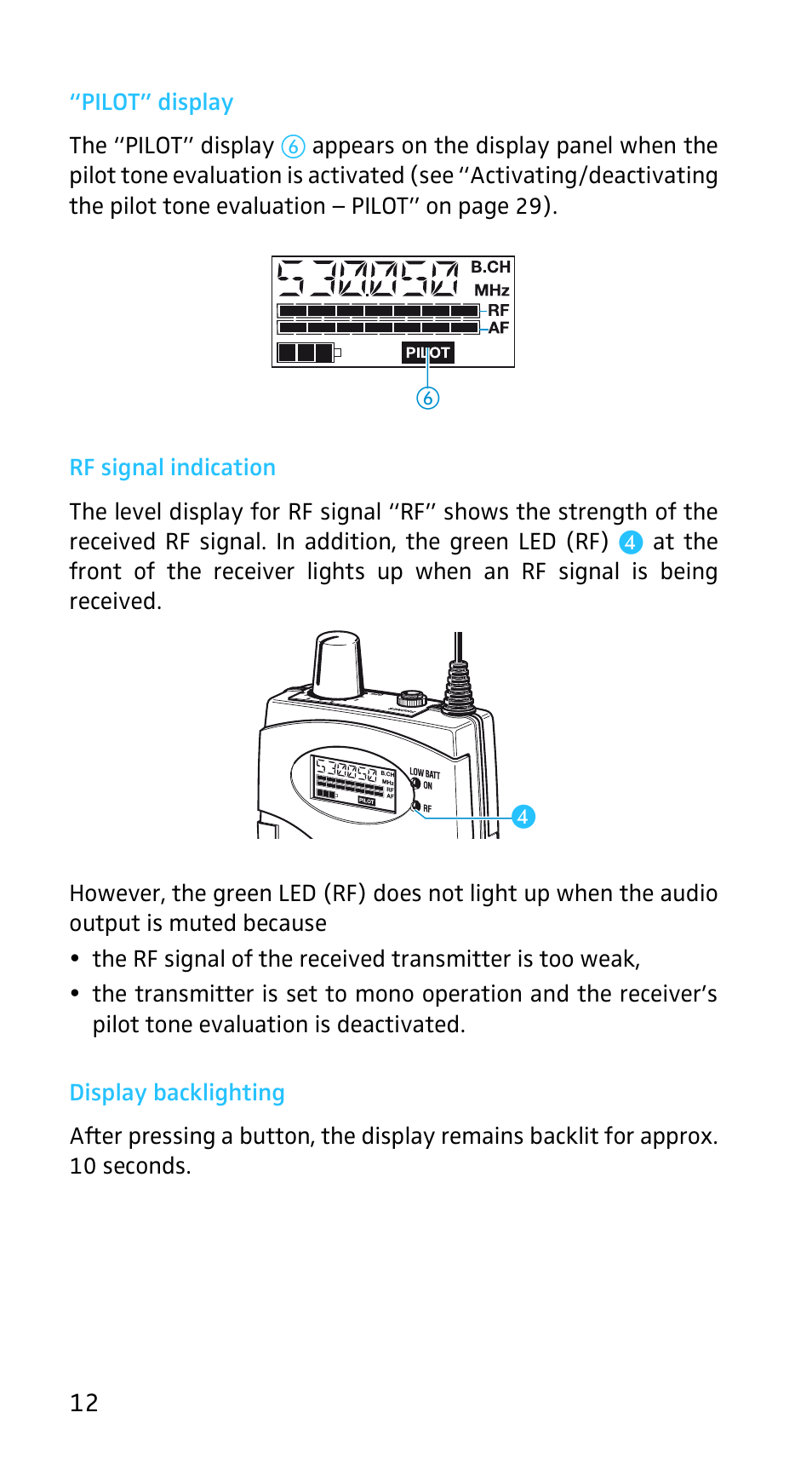 Pilot” display, Rf signal indication, Display backlighting | Sennheiser EK3253 User Manual | Page 10 / 36