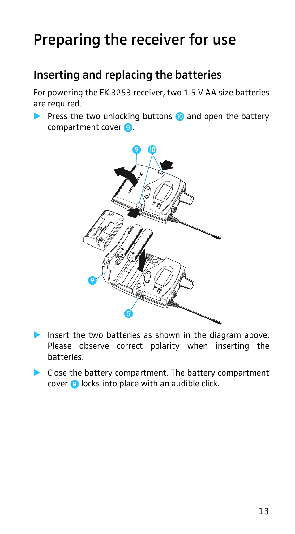 Preparing the receiver for use, Inserting and replacing the batteries | Sennheiser EK3253 User Manual | Page 11 / 36