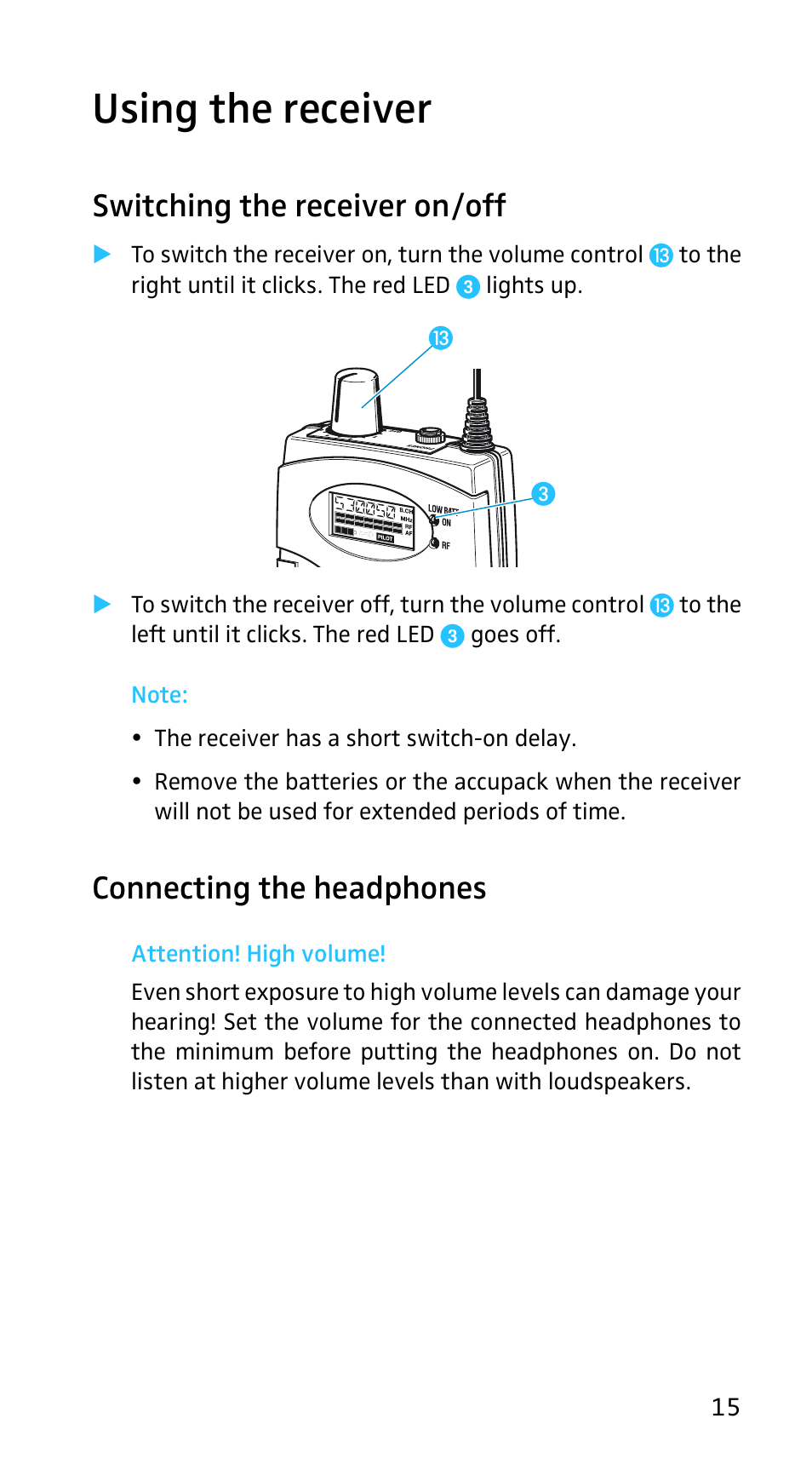 Using the receiver, Switching the receiver on/off, Connecting the headphones | Sennheiser EK3253 User Manual | Page 13 / 36