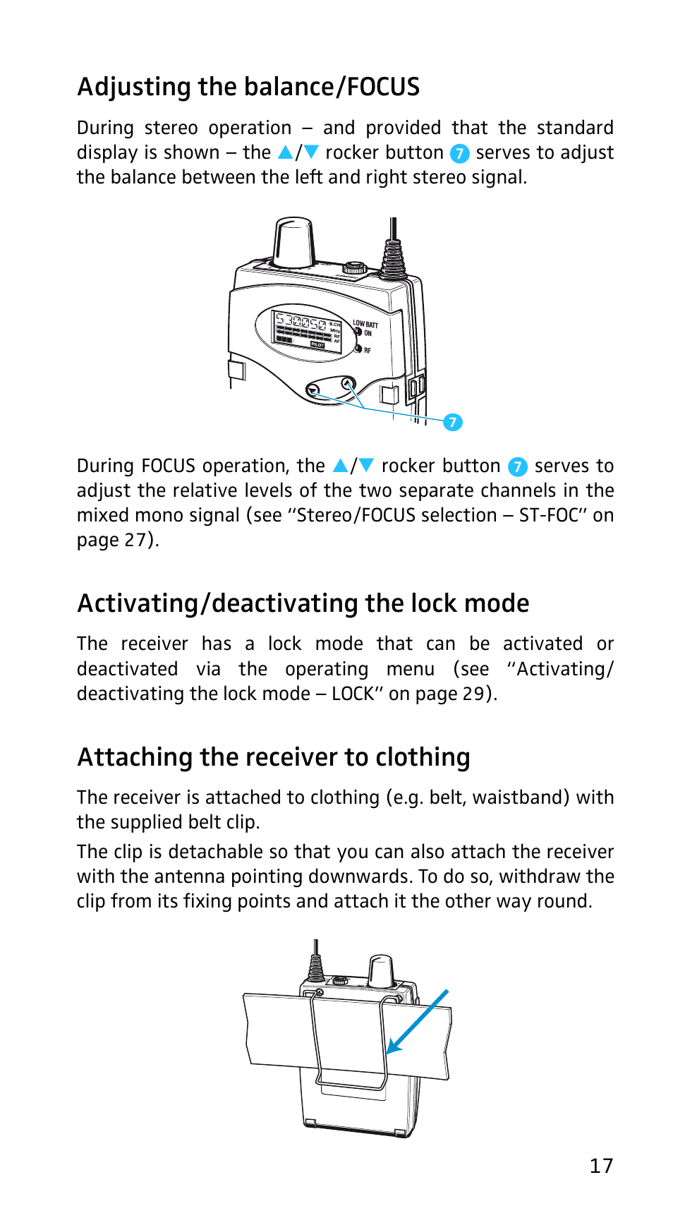 Adjusting the balance/focus, Activating/deactivating the lock mode, Attaching the receiver to clothing | Sennheiser EK3253 User Manual | Page 15 / 36