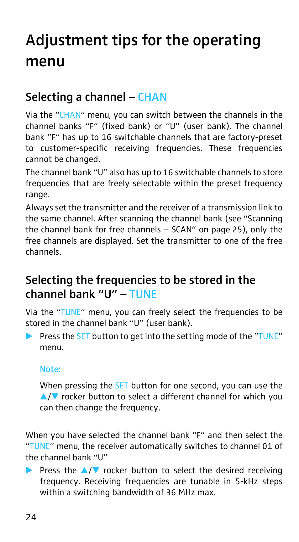 Adjustment tips for the operating menu, Selecting a channel - chan, Selecting a channel – chan | Sennheiser EK3253 User Manual | Page 22 / 36