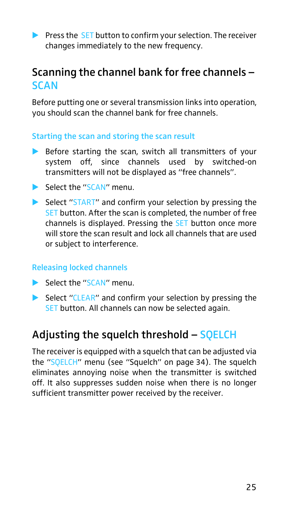 Scanning the channel bank for free channels - scan, Starting the scan and storing the scan result, Releasing locked channels | Adjusting the squelch threshold - sqelch, Scanning the channel bank for free channels – scan, Adjusting the squelch threshold – sqelch | Sennheiser EK3253 User Manual | Page 23 / 36