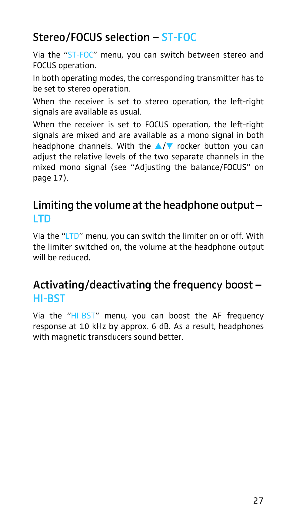 Stereo/focus selection - st-foc, Limiting the volume at the headphone output - ltd, Stereo/focus selection – st-foc | Limiting the volume at the headphone output – ltd | Sennheiser EK3253 User Manual | Page 25 / 36