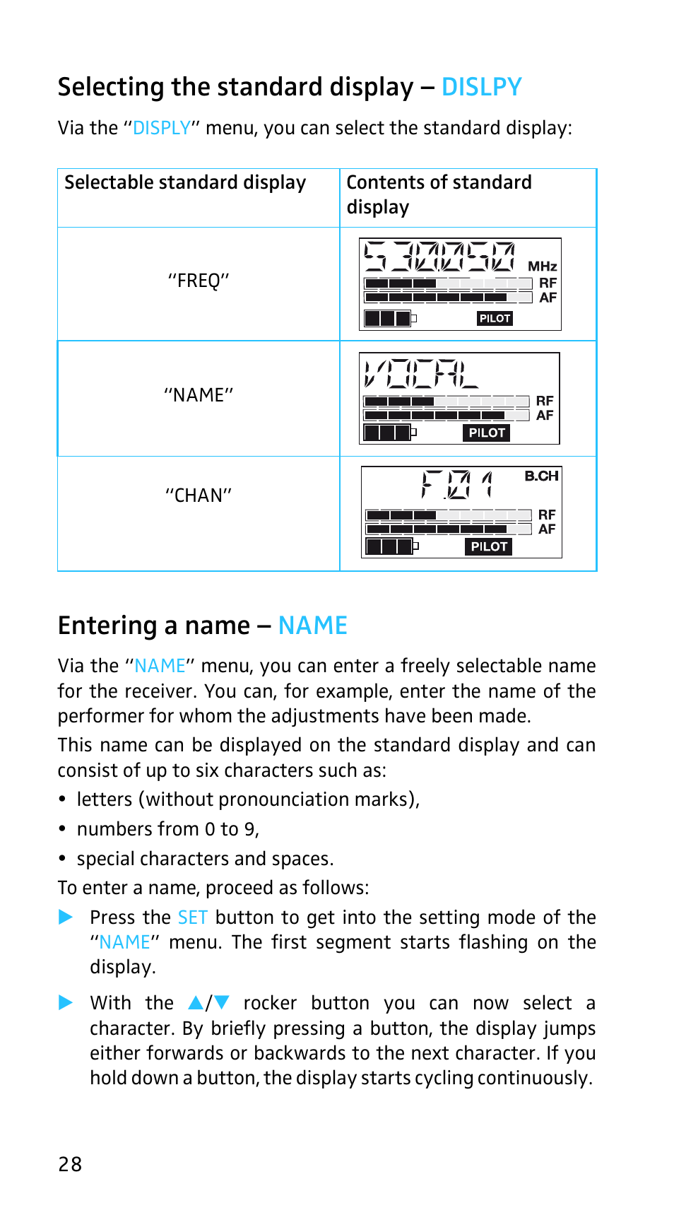 Selecting the standard display - dislpy, Entering a name - name, Selecting the standard display – dislpy | Entering a name – name | Sennheiser EK3253 User Manual | Page 26 / 36