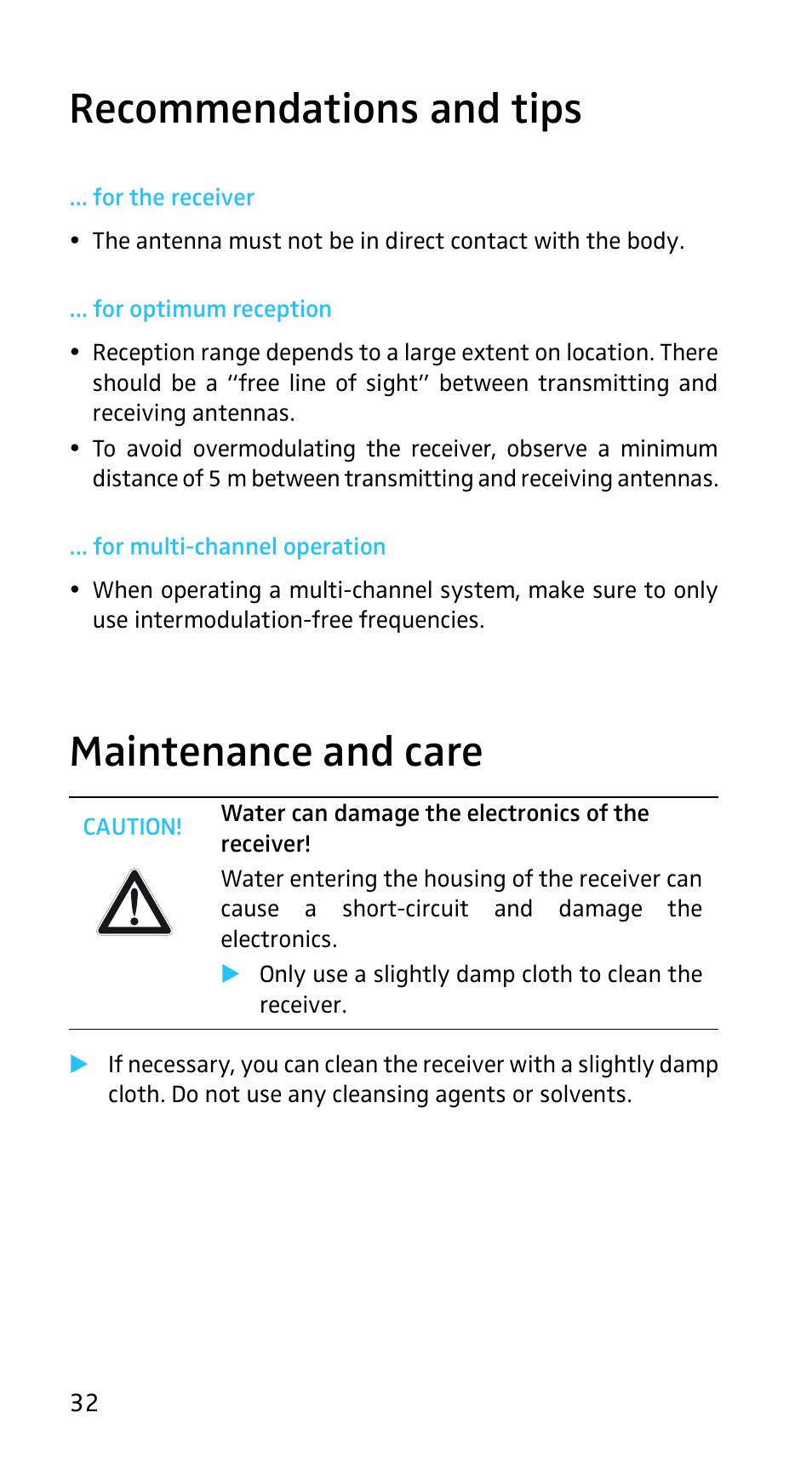Recommendations and tips, For the receiver, For optimum reception | For multi-channel operation, Maintenance and care | Sennheiser EK3253 User Manual | Page 30 / 36