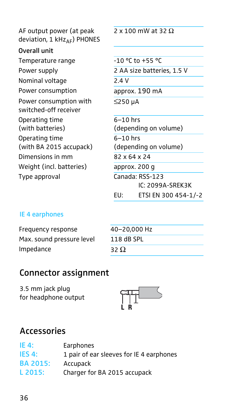 Ie 4 earphones, Connector assignment, Accessories | Connector assignment accessories | Sennheiser EK3253 User Manual | Page 34 / 36