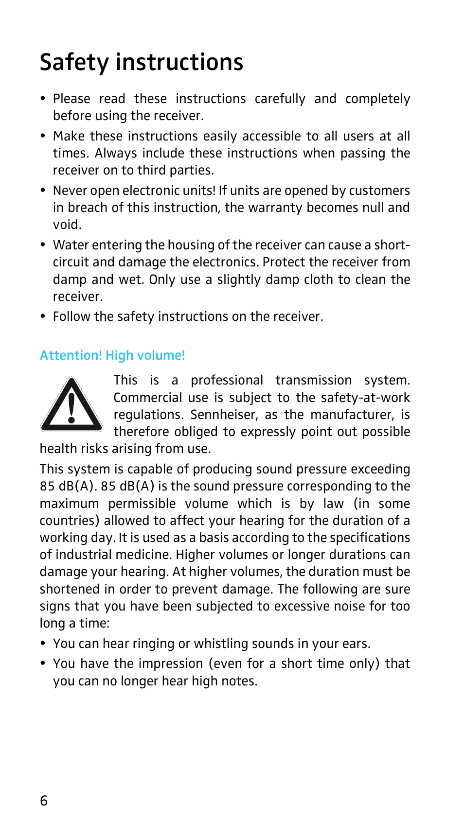 Safety instructions, Attention! high volume | Sennheiser EK3253 User Manual | Page 4 / 36