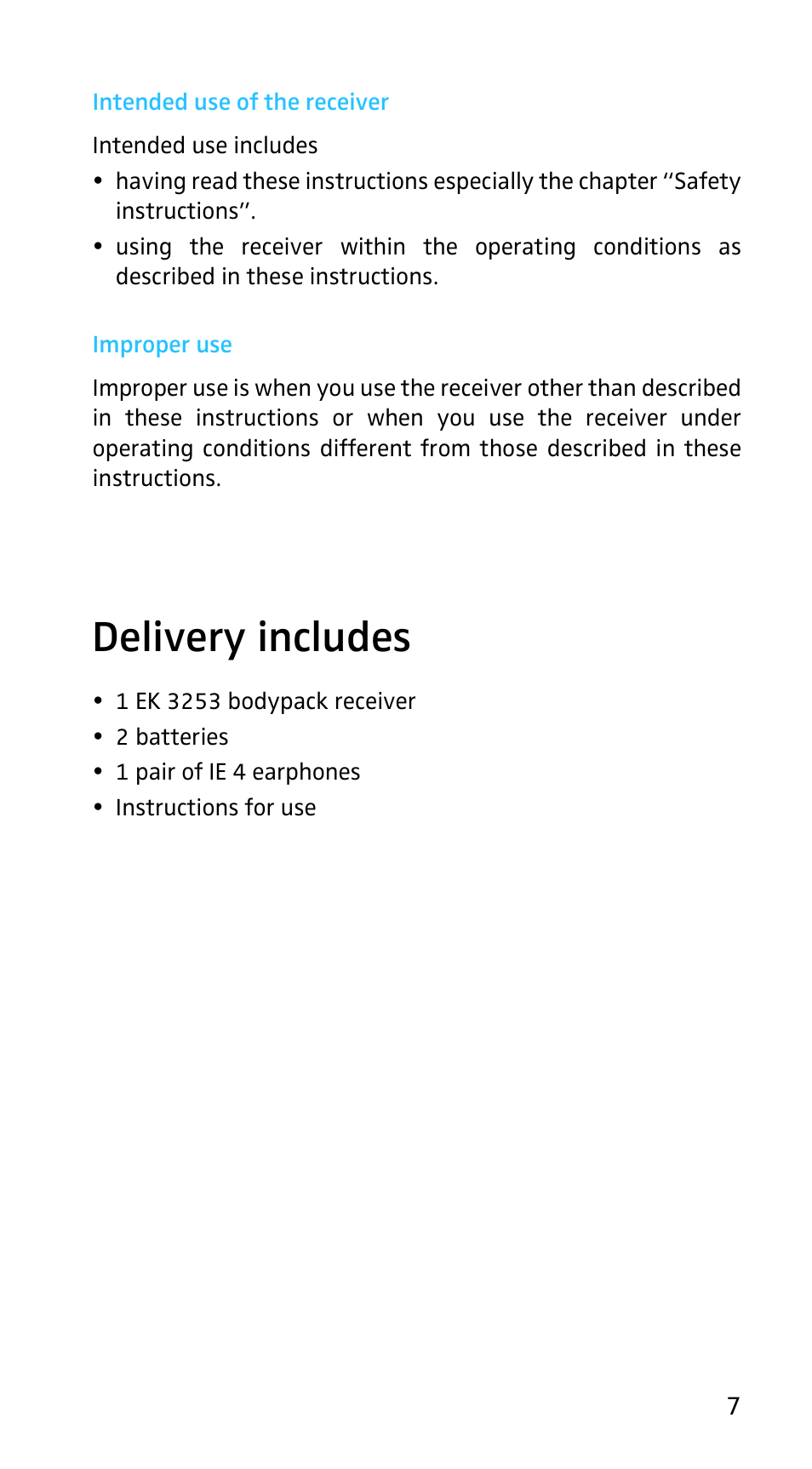 Intended use of the receiver, Improper use, Delivery includes | Sennheiser EK3253 User Manual | Page 5 / 36