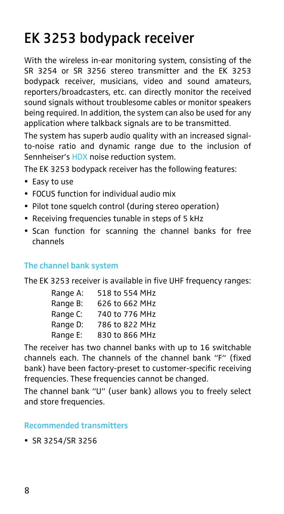 Ek 3253 bodypack receiver, The channel bank system, Recommended transmitters | Sennheiser EK3253 User Manual | Page 6 / 36