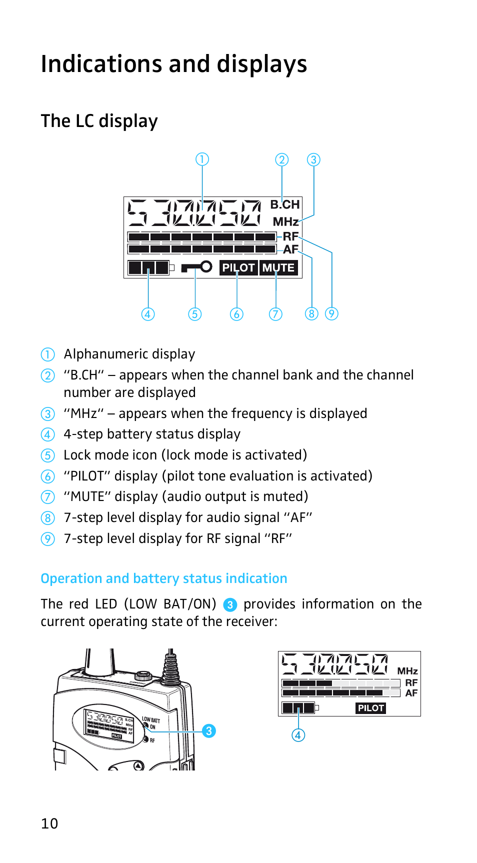 Indications and displays, The lc display, Operation and battery status indication | Sennheiser EK3253 User Manual | Page 8 / 36